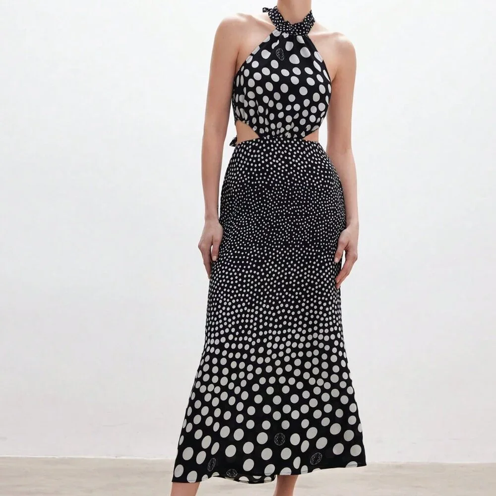 Multicolor French Romantic Women's Polka Dot Halter Asymmetrical Long Dress - Picture 5 of 6